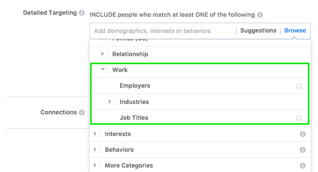 Facebook Ads "employer" targeting option