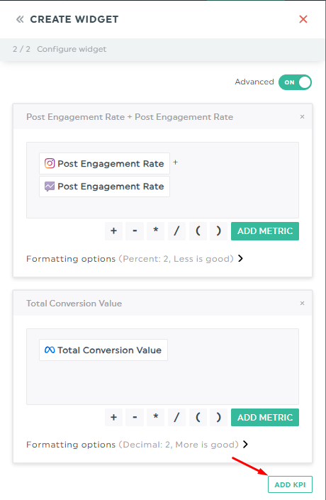 DashThis Advanced Widget builder showing Calculated Widget formula