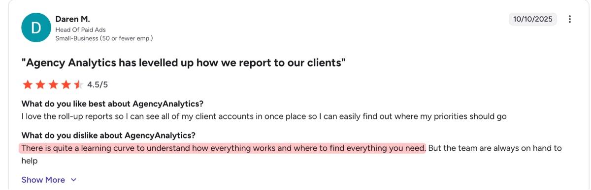 daren g2 review agency analytics